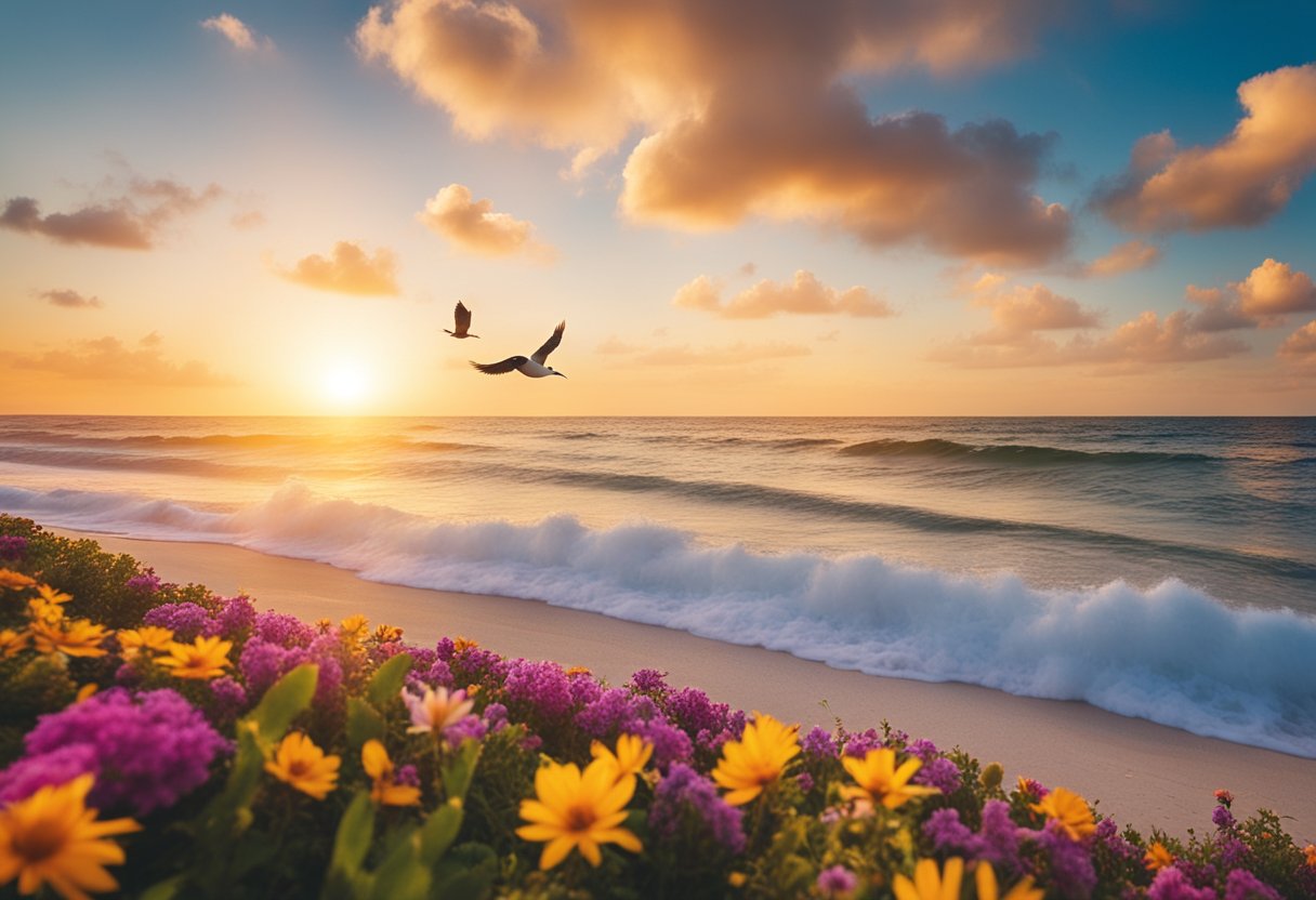 A bright sunrise over a tranquil beach with colorful flowers and birds in the sky, evoking a sense of renewal and positivity for the day ahead