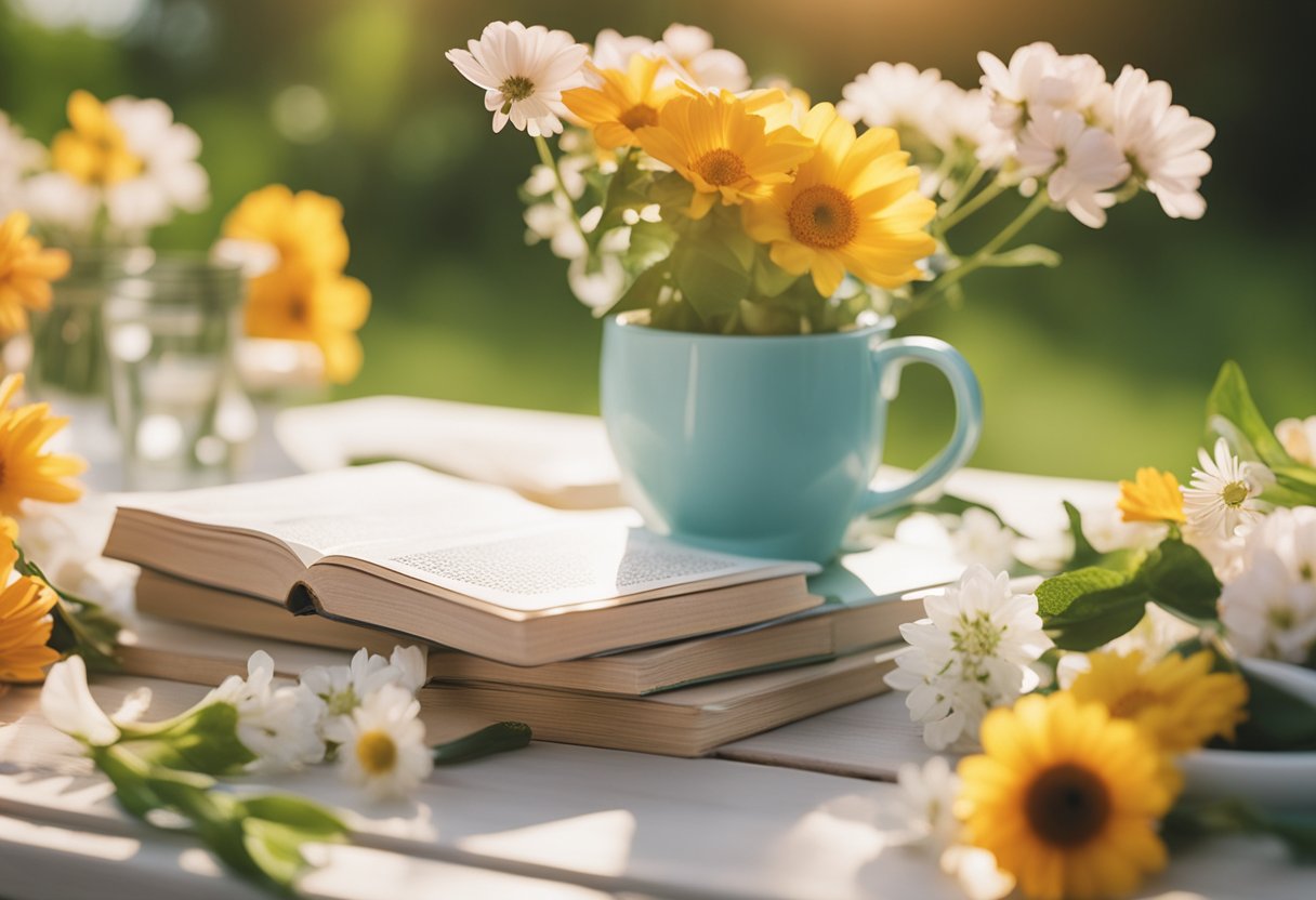 A bright, sunny morning with vibrant summer colors. A stack of positive mantras displayed on a table, surrounded by fresh flowers and a warm, uplifting atmosphere