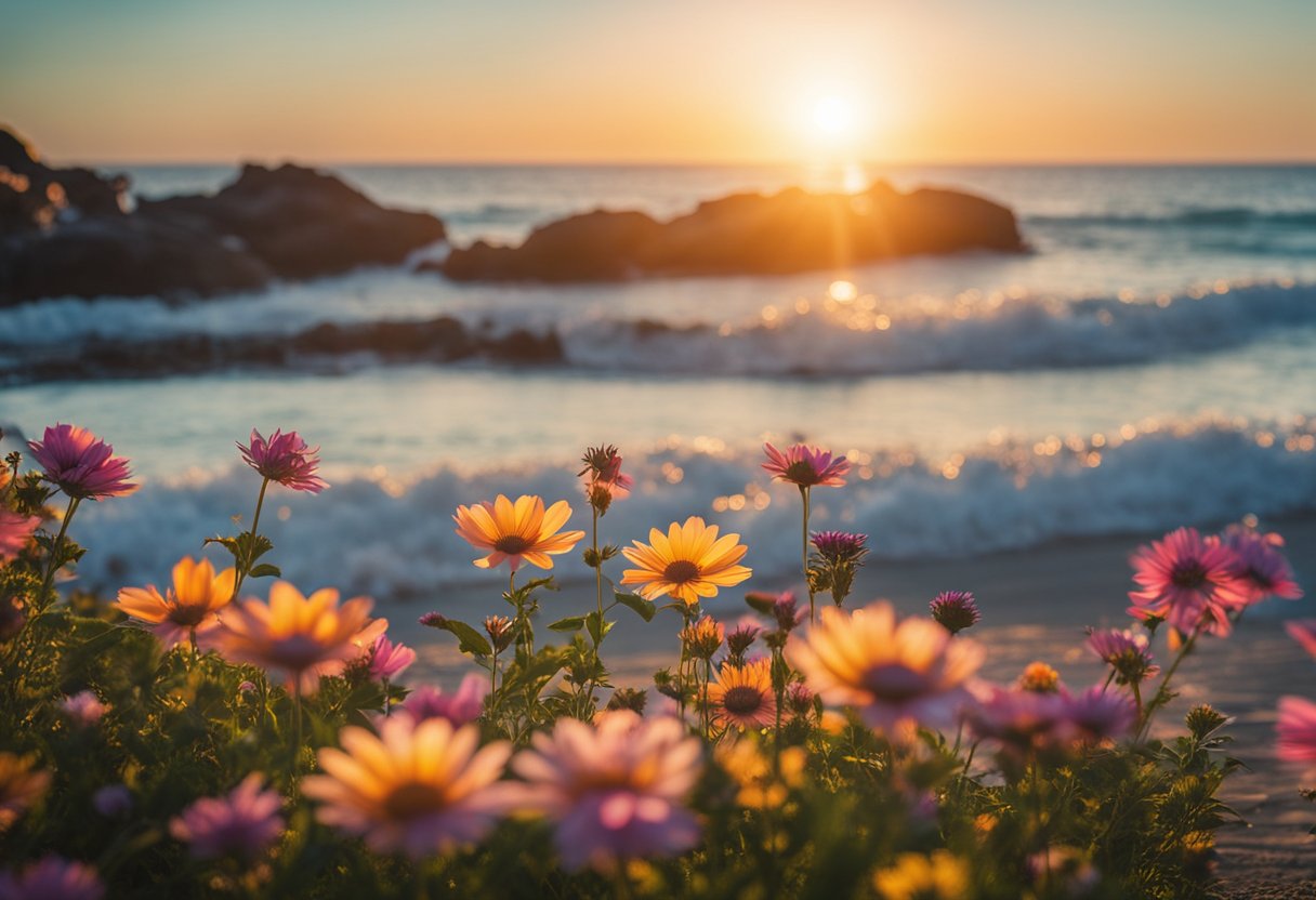 A vibrant sunrise over a calm beach, with colorful flowers in bloom and a clear blue sky, radiating positivity and empowerment