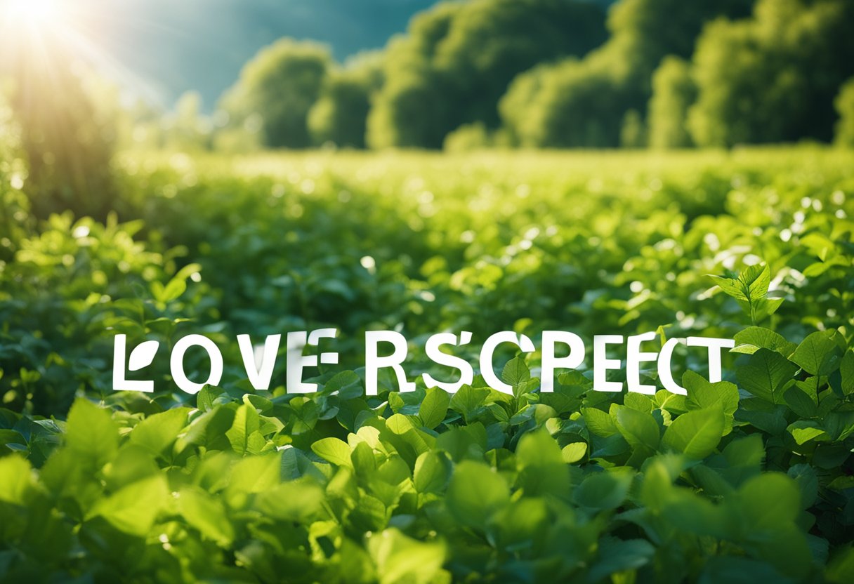 A bright, sunny day with blue skies and vibrant greenery. A sense of calm and confidence radiates from the words "I am worthy of love and respect" written in bold, colorful letters