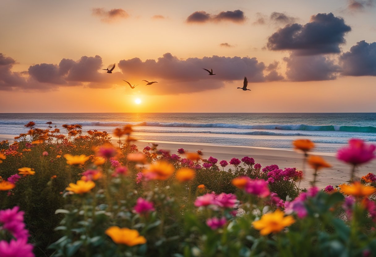 A vibrant sunrise over a tranquil beach, with colorful flowers blooming and birds chirping in the background