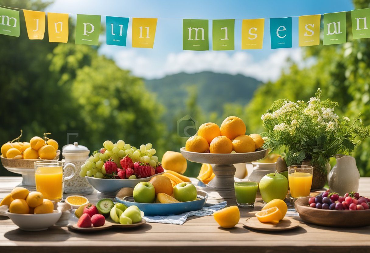 A bright, sunny morning with a clear blue sky and vibrant green foliage. A table is set with a colorful array of fruits and flowers, surrounded by 32 uplifting mantras written on vibrant cards