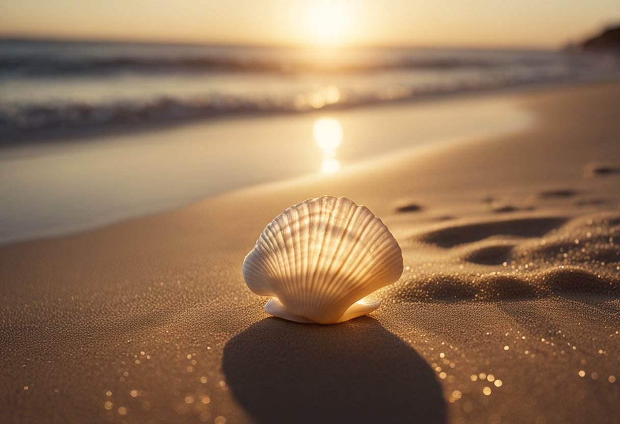 A bright sun rises over a tranquil beach, casting a warm glow on the sand and sparkling waves. A single seashell sits on the shore, symbolizing the journey of self-improvement and growth