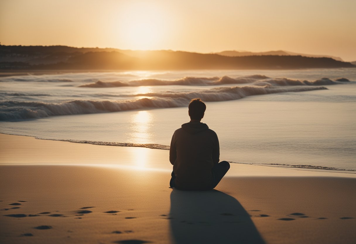 A person sitting on a beach at sunrise, looking out at the ocean with a sense of peace and gratitude. The warm sun illuminates the scene, casting a golden glow over the sand and water