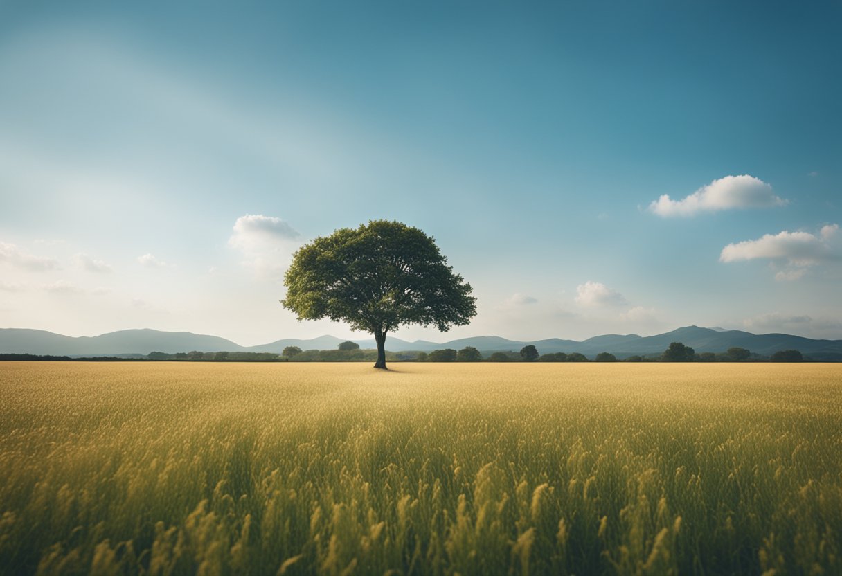 A serene, open field with a clear blue sky and a single tree in the distance, symbolizing hope and new beginnings